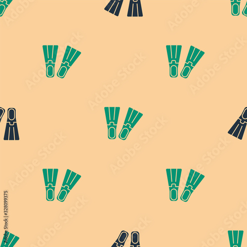 Green and black Rubber flippers for swimming icon isolated seamless pattern on beige background. Diving equipment. Extreme sport. Sport equipment. Vector Illustration