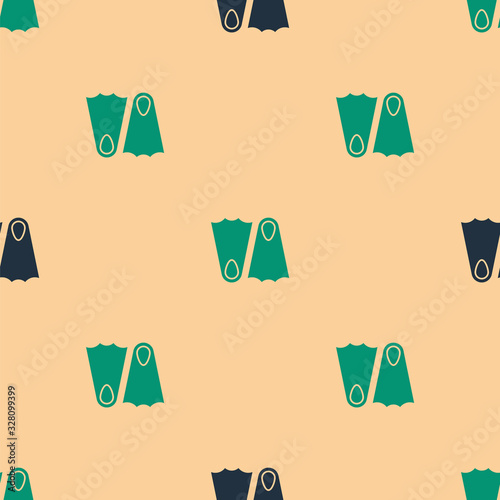 Green and black Rubber flippers for swimming icon isolated seamless pattern on beige background. Diving equipment. Extreme sport. Sport equipment. Vector Illustration