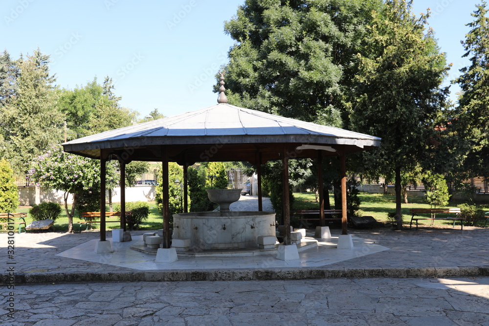 Skopje, Center / North Macedonia - 08.19.2019: Mustafa Pasha Mosque cleansing place with drinking fountains.  
