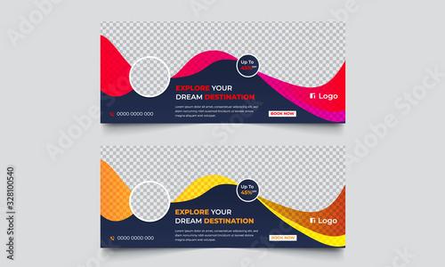 Travel tour corporate business banner template, horizontal advertising Web business banner layout template set, Cover header background for website design