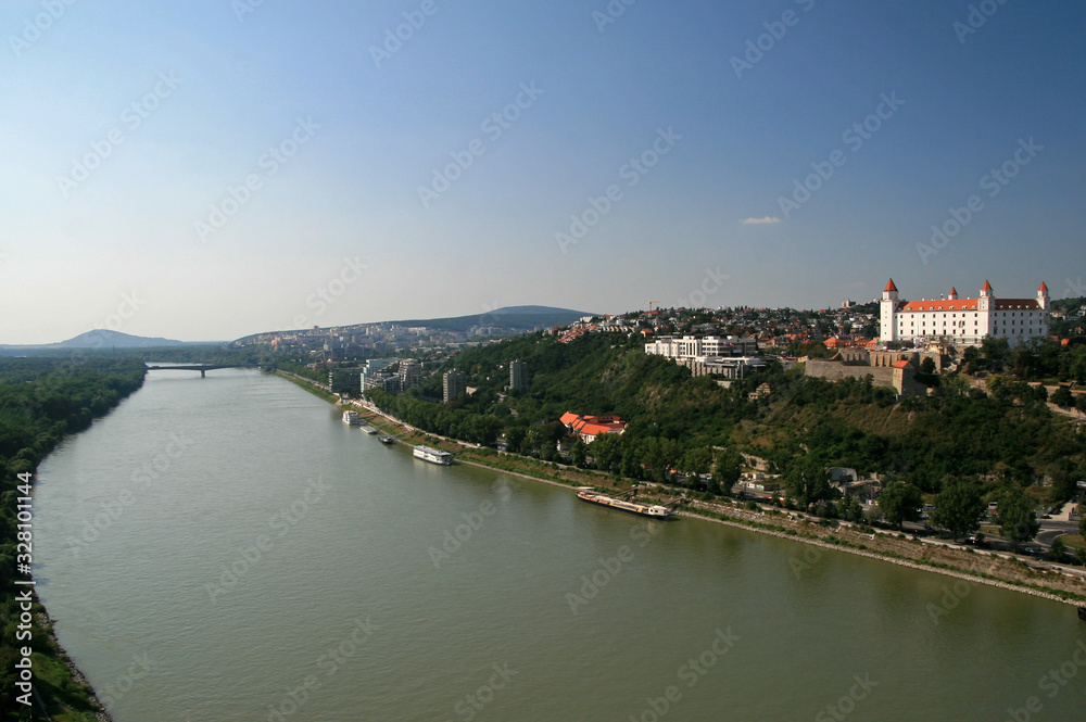 Landscape of Danube river and Bratislava castle - main castle of Bratislava, the capital of Slovakia