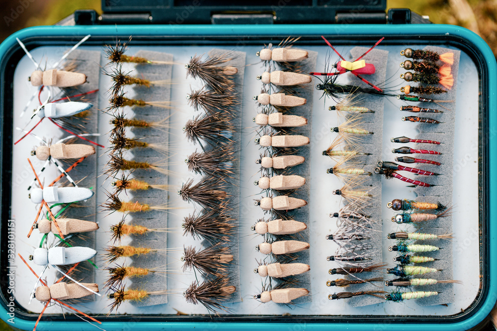 Box with fly flies. Fly fishing. Box with fly flies. Fly fishing.