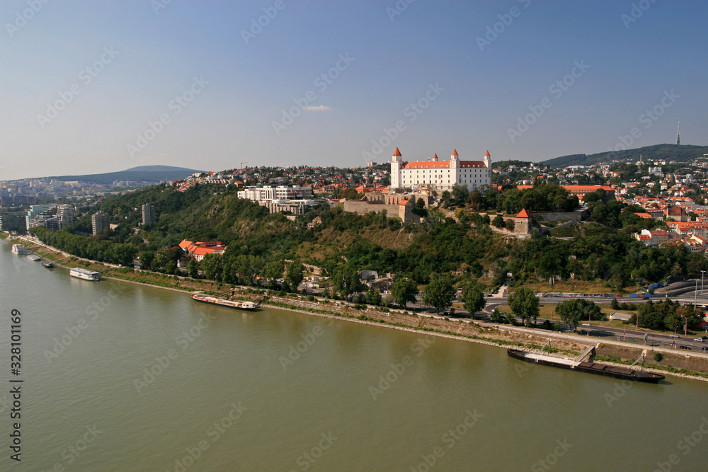 Landscape of Danube river and Bratislava castle - main castle of Bratislava, the capital of Slovakia
