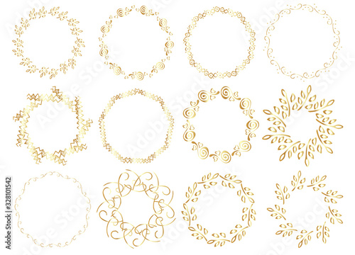 set of luxury and complicated golden frames with hand drawn monogram or pattern. copy space.
