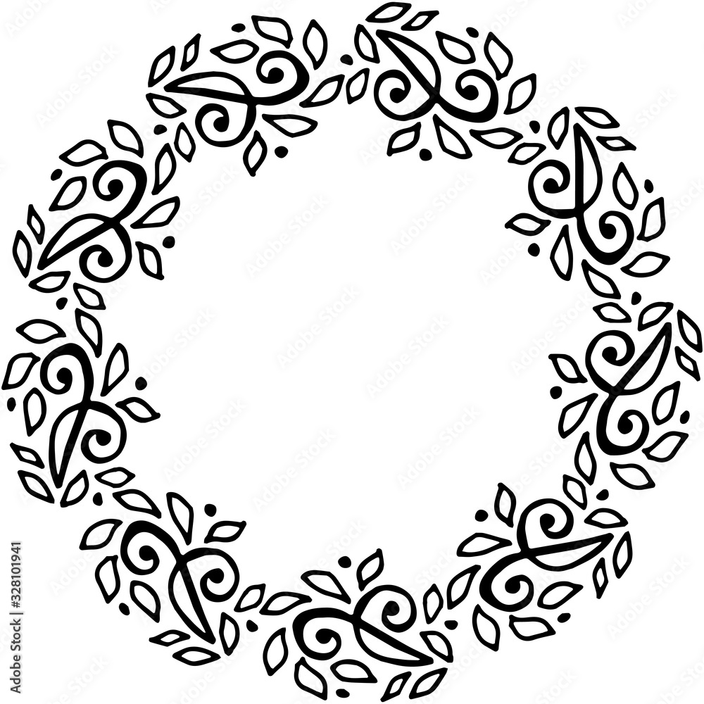 black and white vector frame in rustic style. wreath of branches