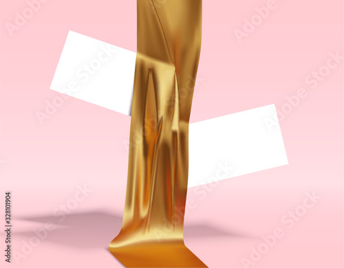 Business card mockup vector with 3d realistic gold cloth drape illustration