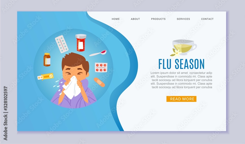 Flu season and sick boy with handkerchief in hand and medicine for influenza web template cartoon vector illustration. Season cold flu or allergy medical treatment items for desease and virus.
