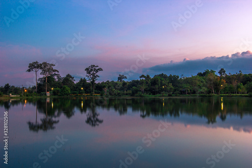 Wallpaper blurred nature of the twilight light in the evening by the large water basin surrounded by big trees,the integrity of the forest