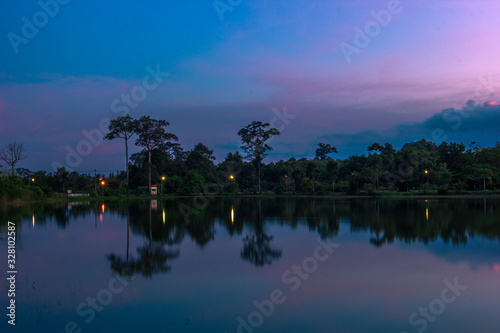 Wallpaper blurred nature of the twilight light in the evening by the large water basin surrounded by big trees,the integrity of the forest