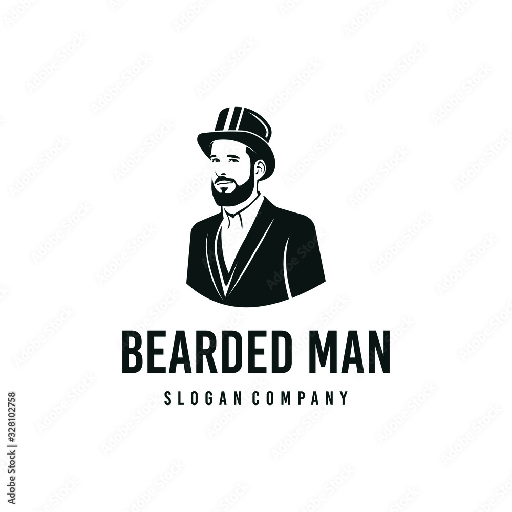 Bearded man logo design. Awesome man logo. A man with suit and hat logotype.