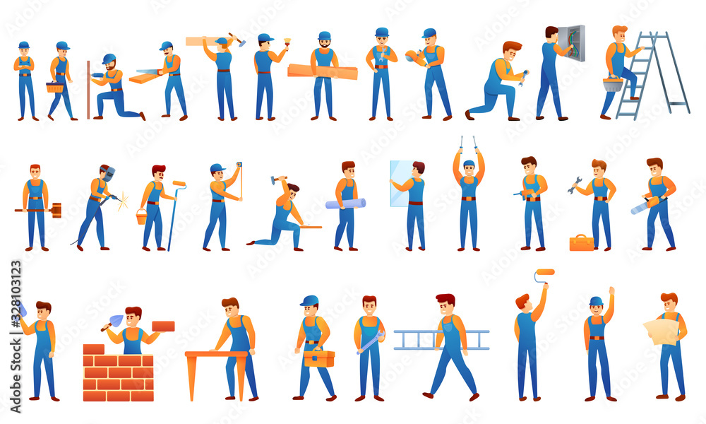 Repairman icons set. Cartoon set of repairman vector icons for web design