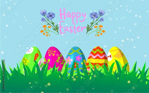 Decorative Easter eggs on green grass cartoon vector illustration. Happy easter background with spring grass  flowers and holiday colorful eggs.