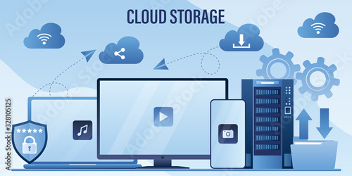 Hosting network service or online database storage system. Cloud storage technology concept.