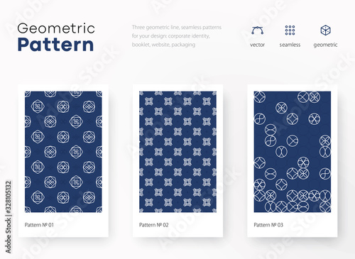 Set of seamless geometric patterns. Blue and white line backgrounds collection. Endless repeating linear texture for wallpaper,packaging, banners, invitations, business cards, fabric print, firm stile