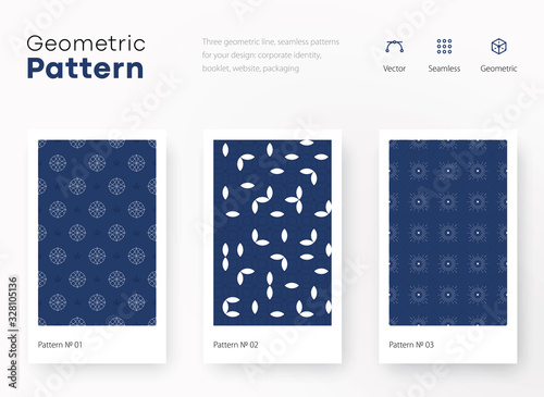 Set of seamless geometric patterns. Blue and white line backgrounds collection. Endless repeating linear texture for wallpaper,packaging, banners, invitations, business cards, fabric print, firm stile