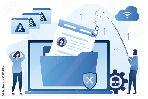 Data phishing concept. Spamming, hacker sends virus infected files and emails. Hacker steals private information