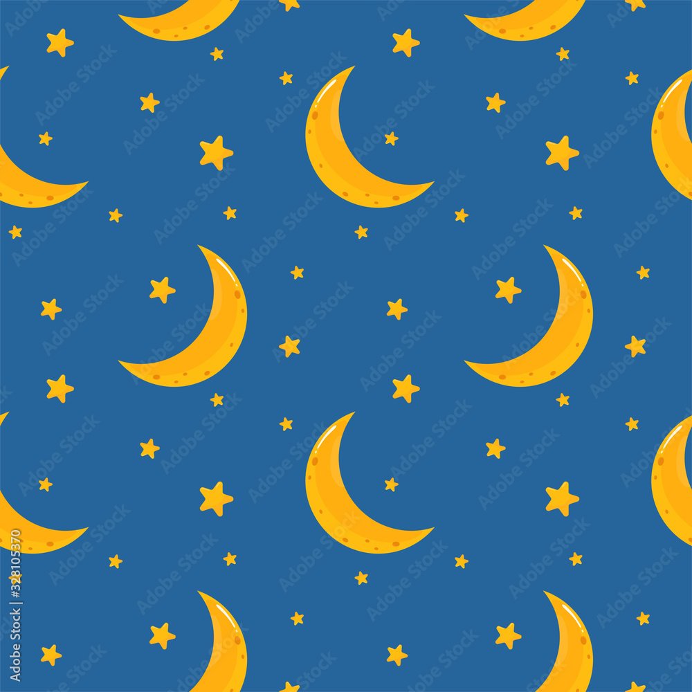 Cute seamless pattern with starry sky and month. Vector pattern