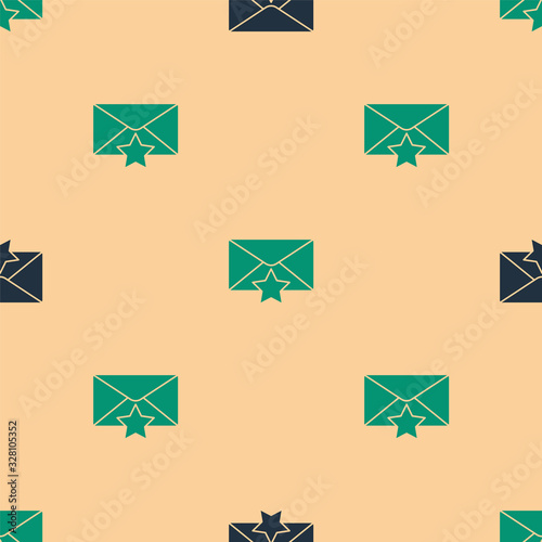 Green and black Envelope with star icon isolated seamless pattern on beige background. Important email, add to favourite icon. Starred message mail. Vector Illustration