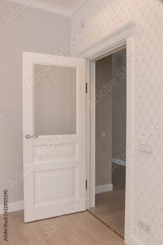  Modern white door. Gray wall with free space. Minimalist bright interior © Vitalii
