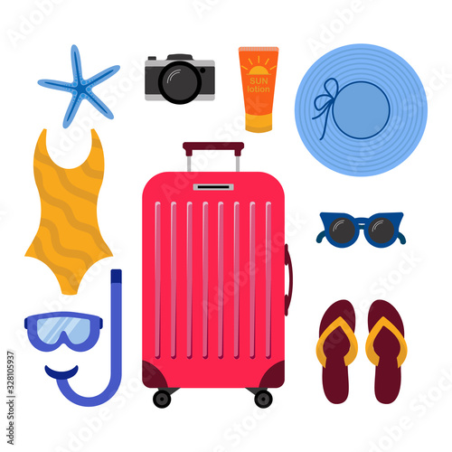 Red suitcase and beach accessories around. Summer travelling concept. Flip flops, snorkeling mask, sunglasses, swimsuit, sun cream, hat, camera in flat style.