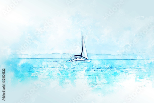 Abstract colorful fishing boat and sea landscape at Thailand on watercolor illustration painting background.