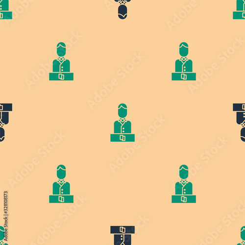 Green and black Casino dealer icon isolated seamless pattern on beige background. Casino croupier. Vector Illustration