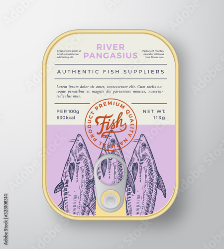 Canned River Fish Abstract Vector Aluminium Container Packaging Design or Label. Modern Typography Banner, Hand Drawn Pangasius Silhouette with Lettering Logo. Color Paper Background Layout.