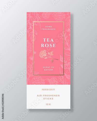 Tea Rose Home Fragrance Abstract Vector Label Template. Hand Drawn Sketch Flowers, Leaves Background and Retro Typography. Premium Room Perfume Packaging Design Layout. Realistic Mockup.