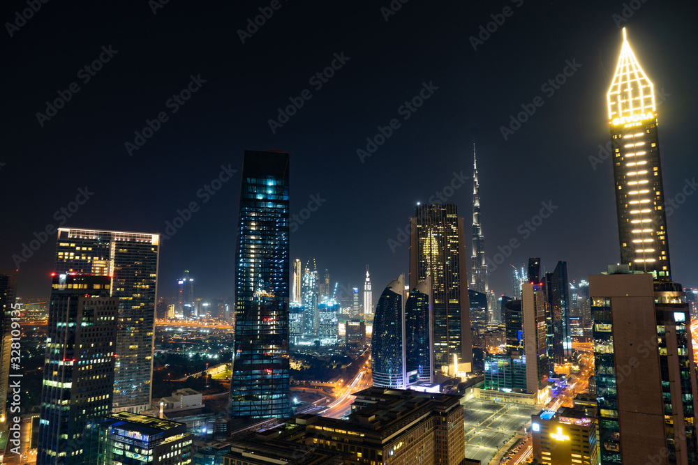 Fototapeta Dubai skyline in the night time, United Arab Emirates