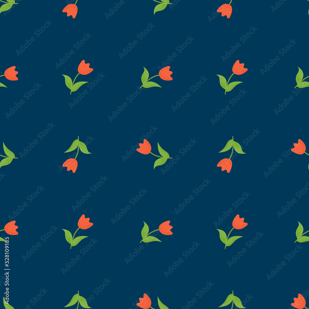 Red tulips on classic blue background. Vector floral seamless pattern.