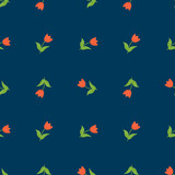 Red tulips on classic blue background. Vector floral seamless pattern.