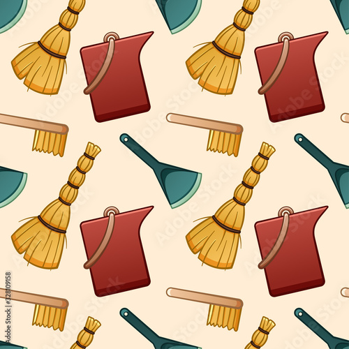 Cartoon style besoms, brushes, buckets and dustpans for cleaning seamless pattern on beige background