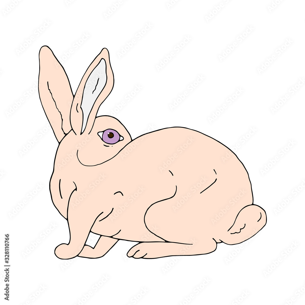 Obraz premium White beautiful easter bunny with purple eyes looking away. Hand drawn vector. Illustration isolated on white background.