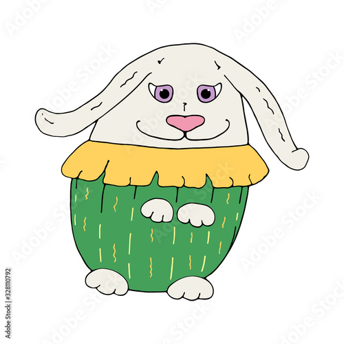 Cute white easter bunny with purple eyes in an Easter colored egg costume. Hand drawn vector. Illustration isolated on white background.