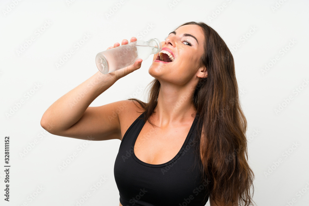 Young woman over isolated white background with a bottle of water Young woman over isolated white background with a bottle of water