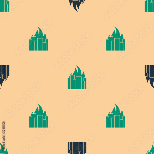 Green and black Fire in burning buildings on city street icon isolated seamless pattern on beige background. Destroyed city on fire. Vector Illustration