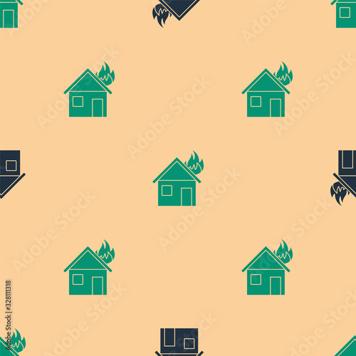 Green and black Fire in burning house icon isolated seamless pattern on beige background. Vector Illustration