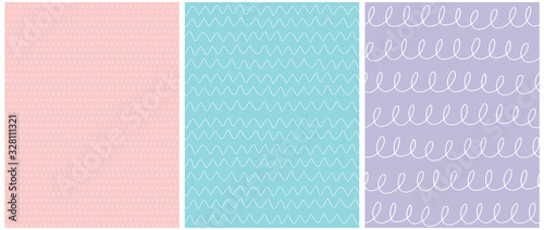 Abstract Geometric Seamless Vector Patterns. White Waves, Lines and Arcs on a Pastel Pink, Light Blue and Violet Background. Simple Hand Drawn Childish Style Vector Prints.Irregular Repeatable Design.