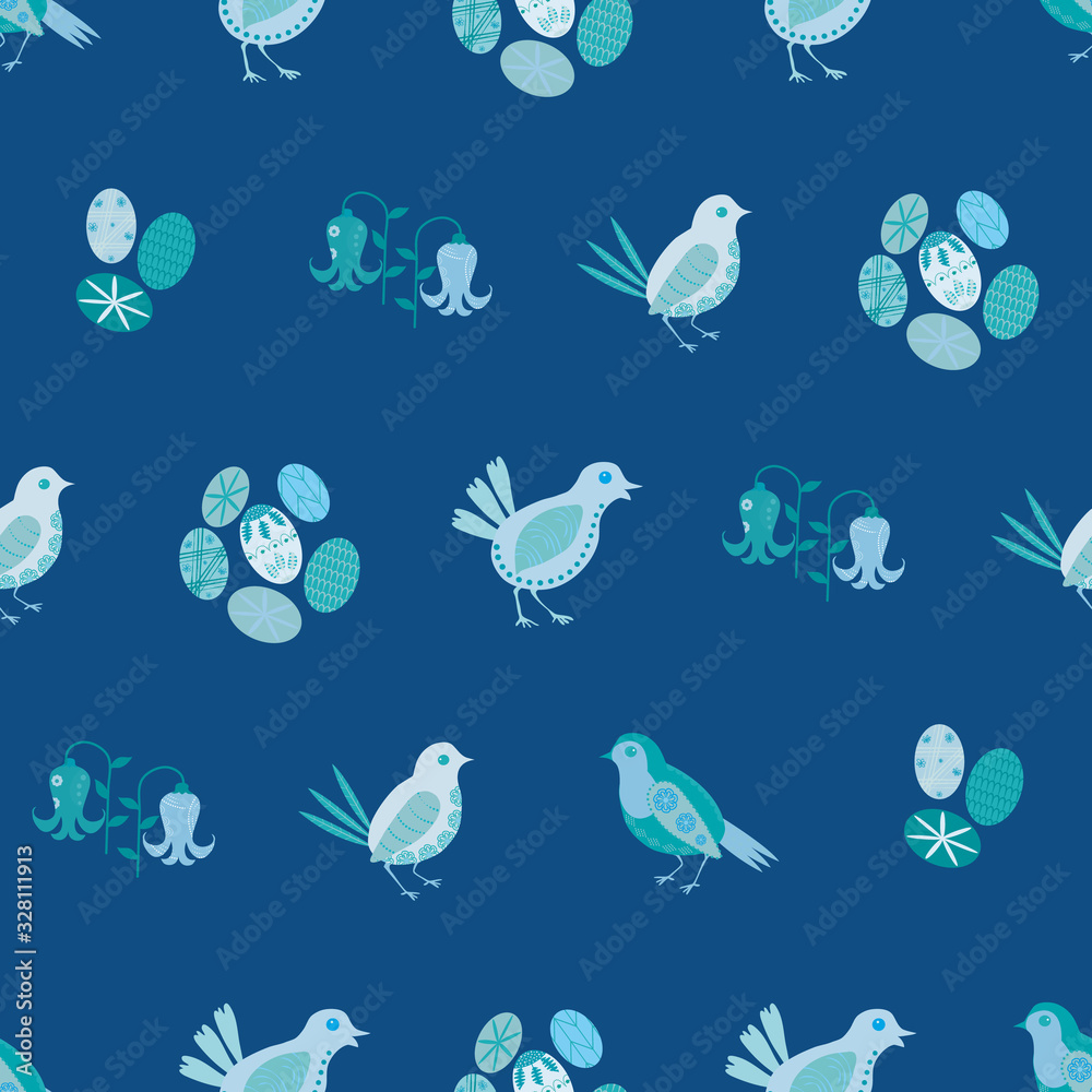 Easter chick seamless vector pattern background. Decorated bird and egg folk art. Scandinavian style baby chickens monochrome blue backdrop. Avian all over print. Christian celebration spring concept.