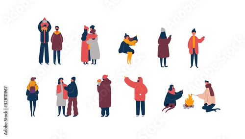Diverse people in winter clothes set. Collection of flat cartoon characters doing romantic activities for valentines day holiday on isolated background. Includes LGBT couples and families.