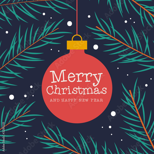 Merry Christmas greeting card illustration with xmas ornament bauble cartoon hanging from pine tree branch. Festive winter season design.