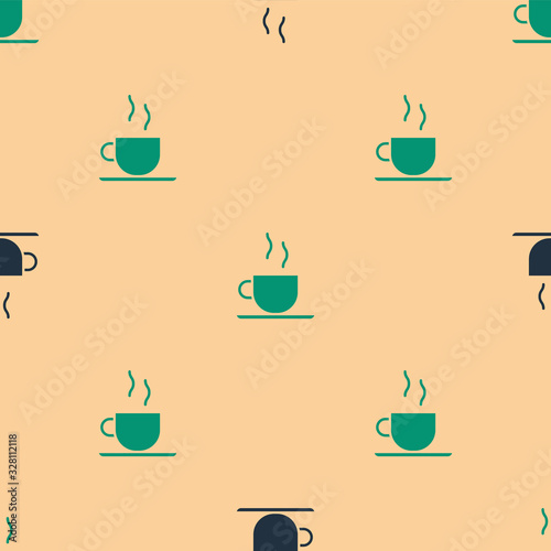 Green and black Coffee cup icon isolated seamless pattern on beige background. Tea cup. Hot drink coffee. Vector Illustration