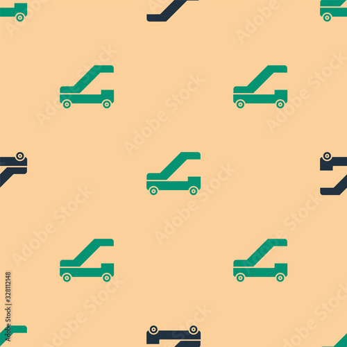 Green and black Passenger ladder for plane boarding icon isolated seamless pattern on beige background. Airport stair travel. Vector Illustration