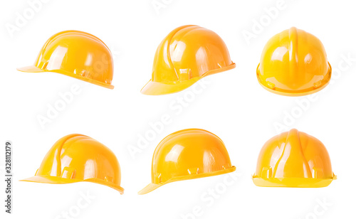 Set of protective safety helmet hard hats isolated on white photo