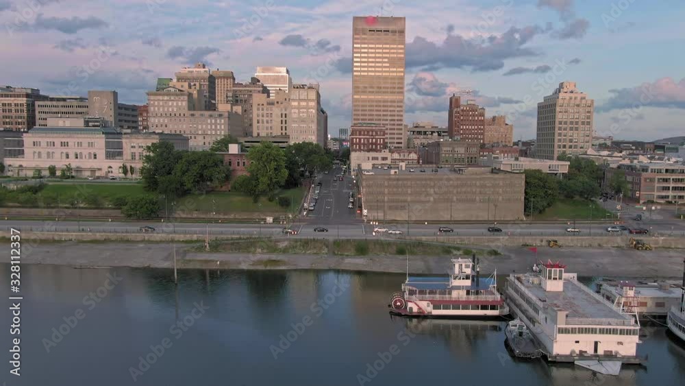 Aerial flying over downtown Memphis & Mississippi River at sunset. Memphis, Tennessee, USA Aerial flying over downtown Memphis & Mississippi River at sunset. Memphis, Tennessee, USA