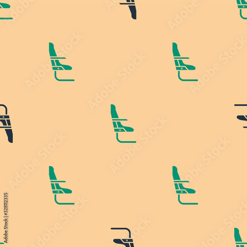 Green and black Airplane seat icon isolated seamless pattern on beige background. Vector Illustration