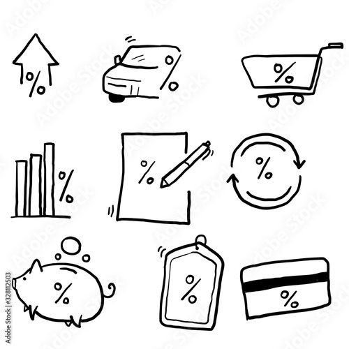 hand drawn Simple Set of Loan Related Vector Line Icons.Interest Rate, Investment Plan, Percentage Diagram symbol doodle style