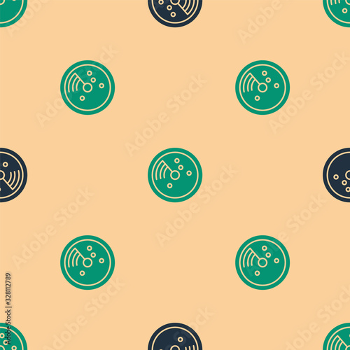 Green and black Radar with targets on monitor in searching icon isolated seamless pattern on beige background. Search system. Navy sonar. Vector Illustration