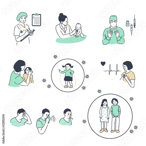 Coronavirus CoV infographics illustration set, human are showing coronavirus symptoms and risk factors. health and medical vector illustration. CoVID-19 Virus outbreak spread.
