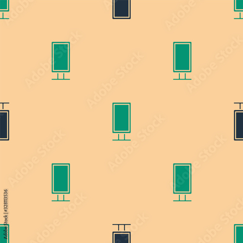 Green and black Big full length mirror for bedroom, shops, backstage icon isolated seamless pattern on beige background. Vector Illustration